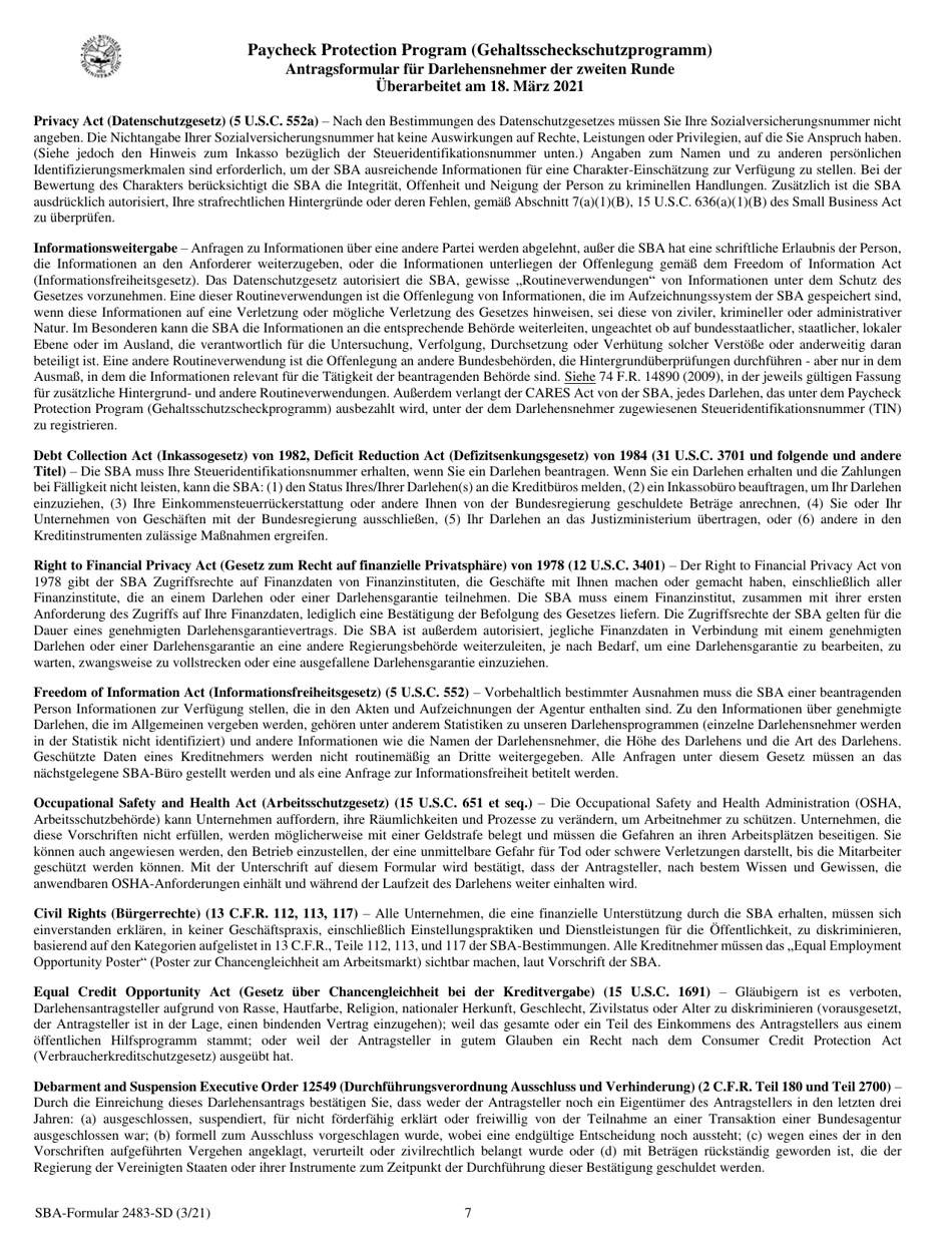 SBA Form 2483-SD PPP Second Draw Borrower Application Form (German), Page 7