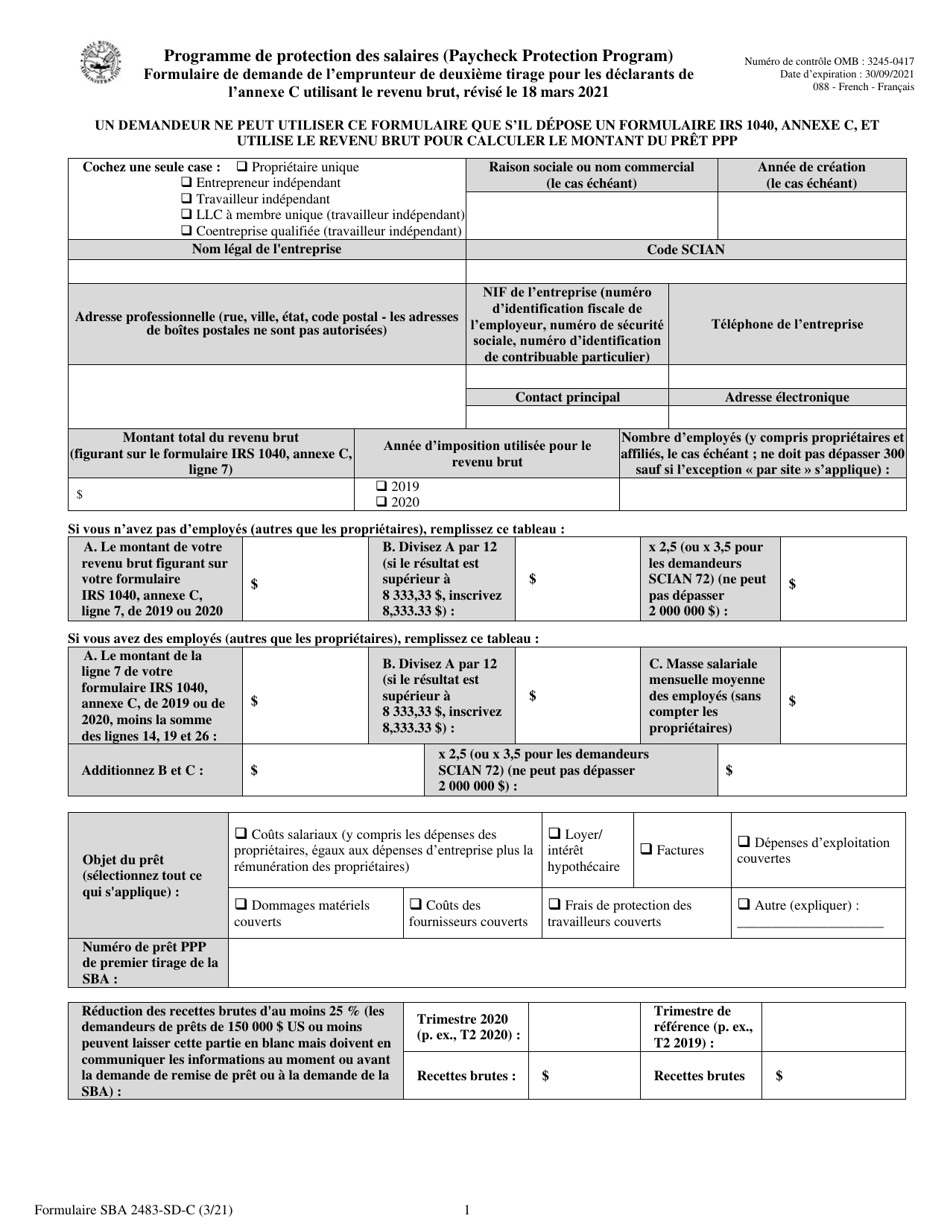 SBA Form 2483-SD-C Second Draw Borrower Application Form for Schedule C Filers Using Gross Income (French), Page 1
