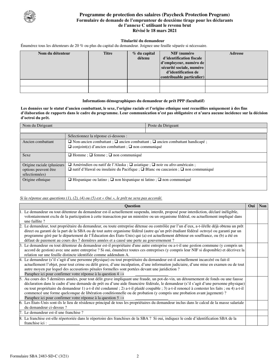 SBA Form 2483-SD-C Second Draw Borrower Application Form for Schedule C Filers Using Gross Income (French), Page 2