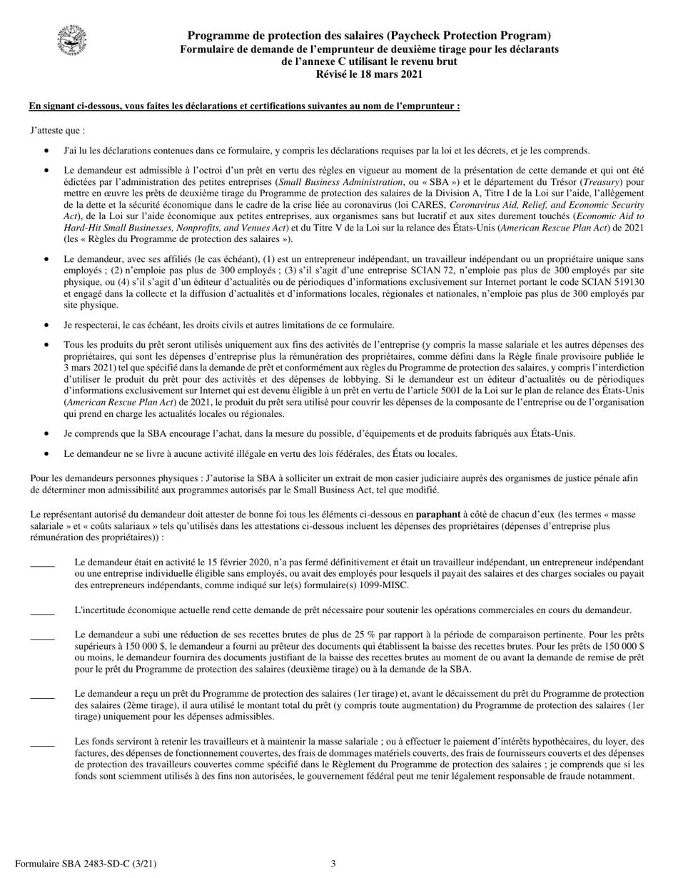 SBA Form 2483-SD-C Second Draw Borrower Application Form for Schedule C Filers Using Gross Income (French), Page 3