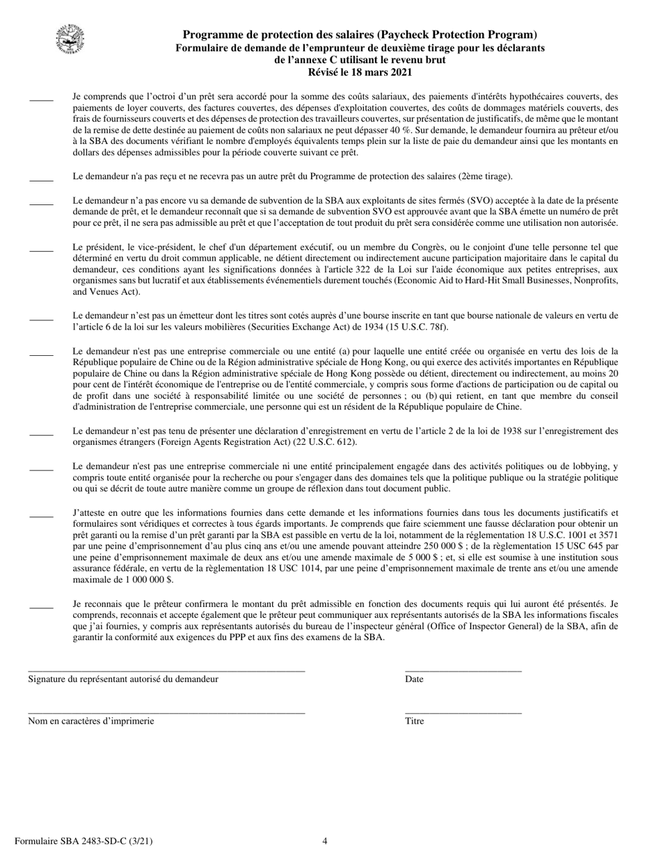 SBA Form 2483-SD-C Second Draw Borrower Application Form for Schedule C Filers Using Gross Income (French), Page 4
