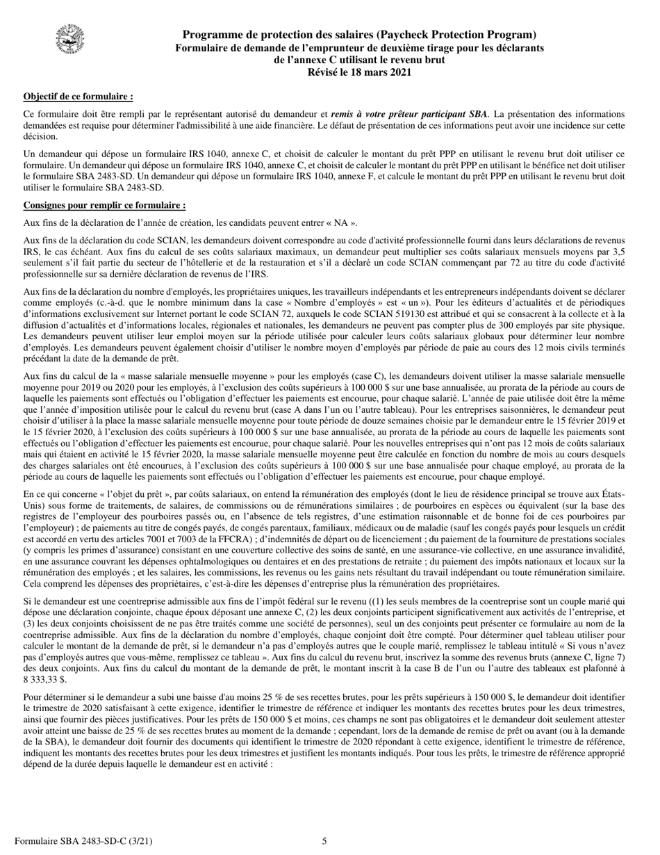SBA Form 2483-SD-C Second Draw Borrower Application Form for Schedule C Filers Using Gross Income (French), Page 5