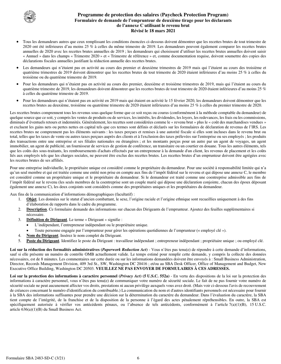 SBA Form 2483-SD-C Second Draw Borrower Application Form for Schedule C Filers Using Gross Income (French), Page 6