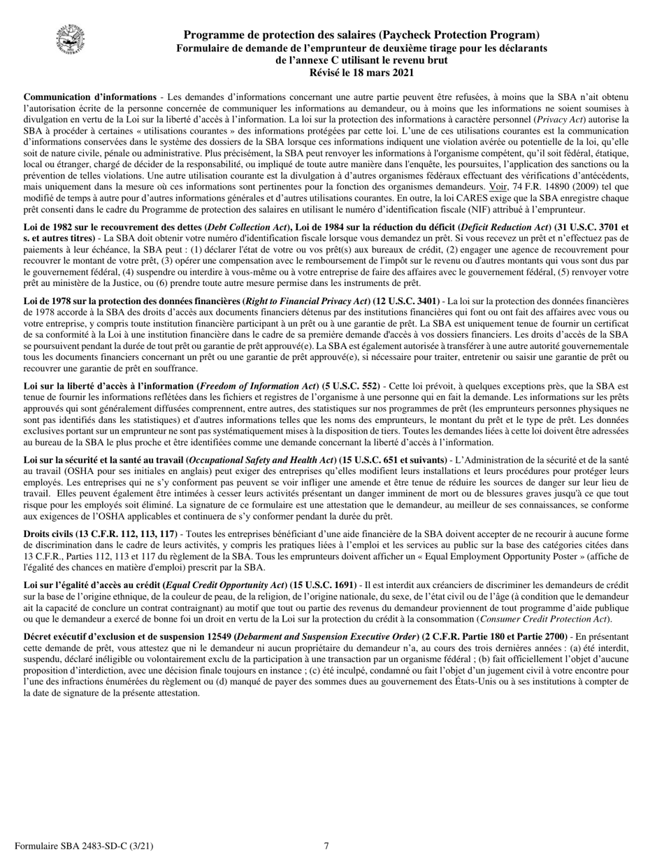 SBA Form 2483-SD-C Second Draw Borrower Application Form for Schedule C Filers Using Gross Income (French), Page 7