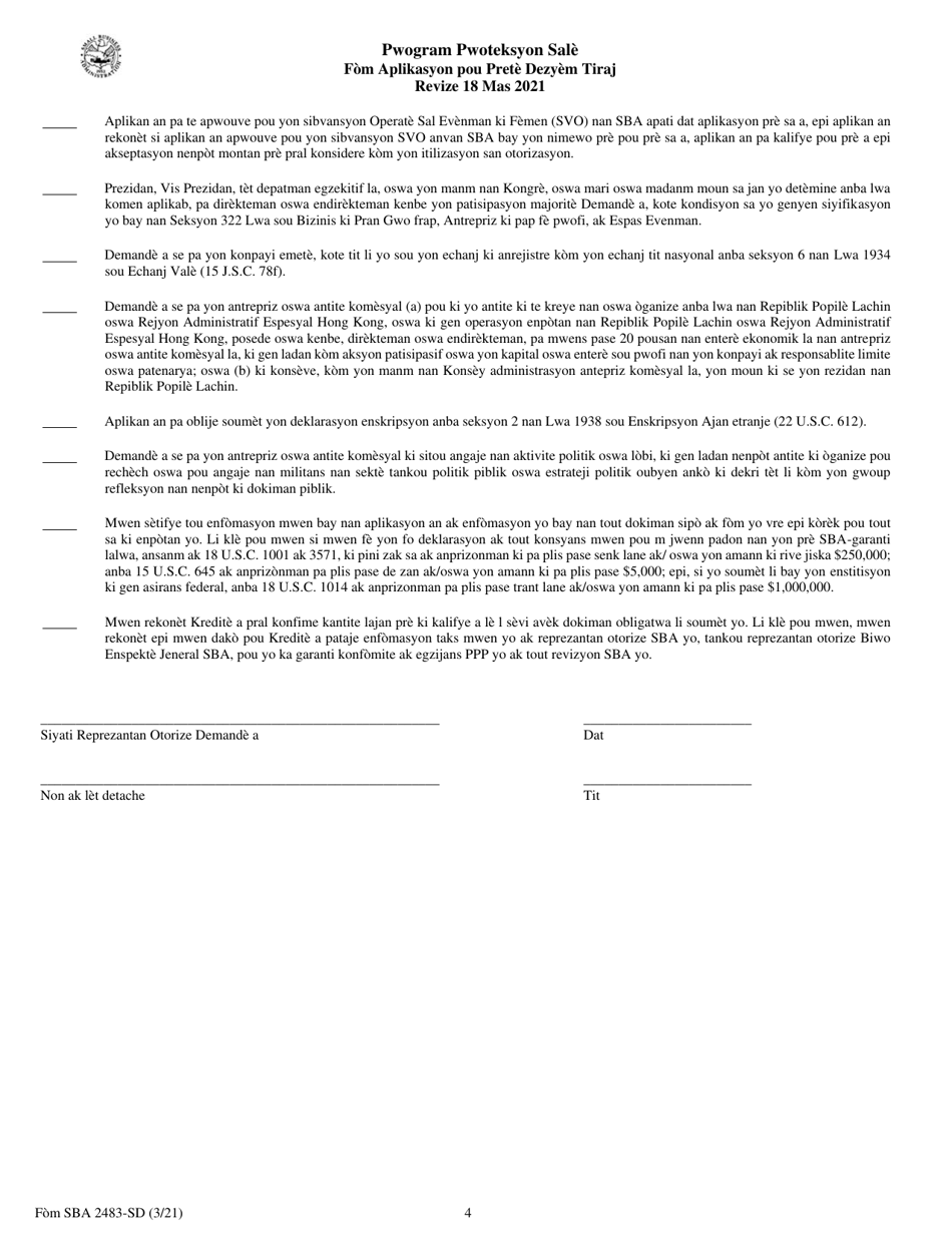 SBA Form 2483-SD PPP Second Draw Borrower Application Form (Haitian Creole), Page 4