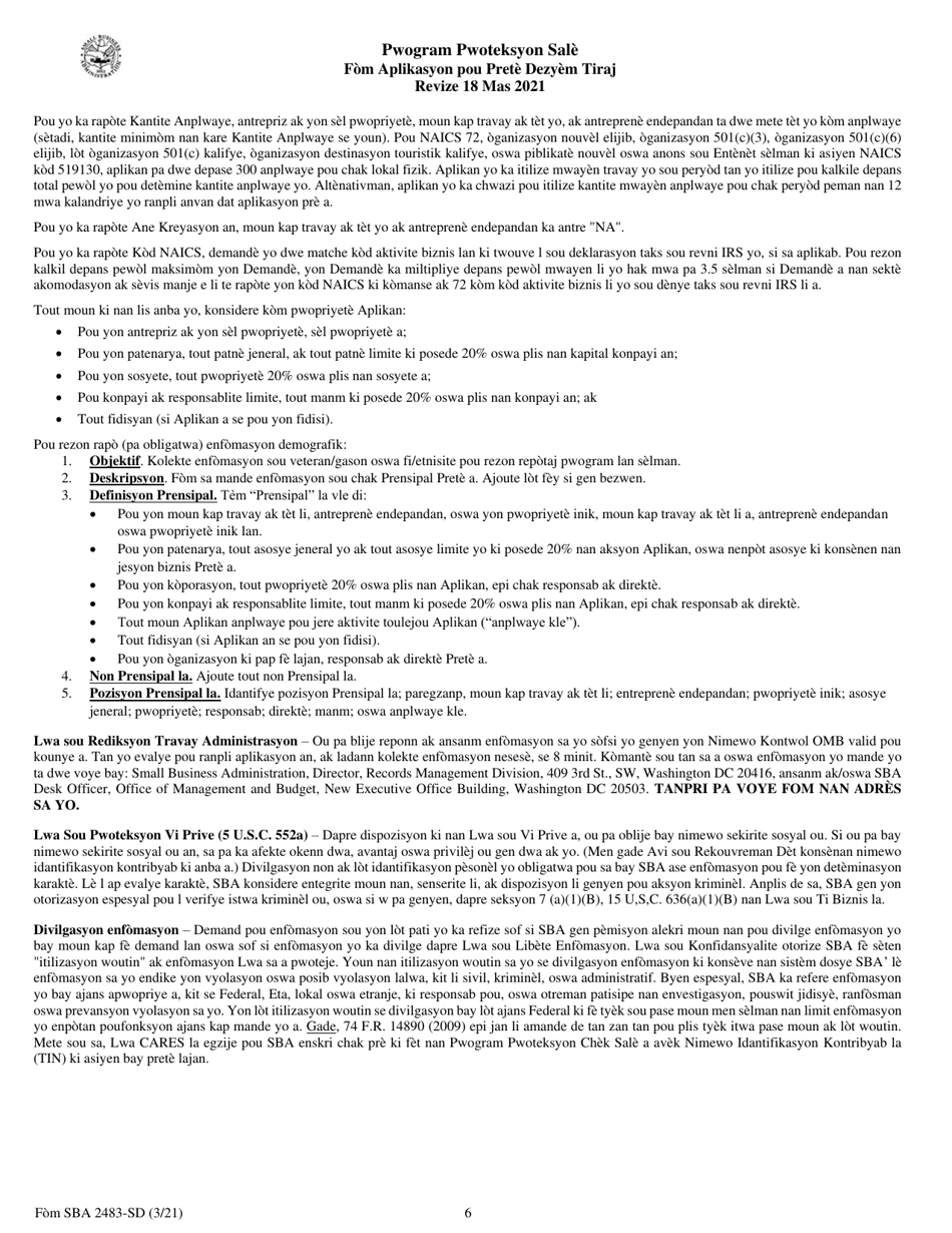 SBA Form 2483-SD PPP Second Draw Borrower Application Form (Haitian Creole), Page 6