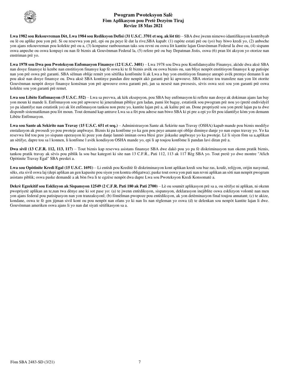 SBA Form 2483-SD PPP Second Draw Borrower Application Form (Haitian Creole), Page 7