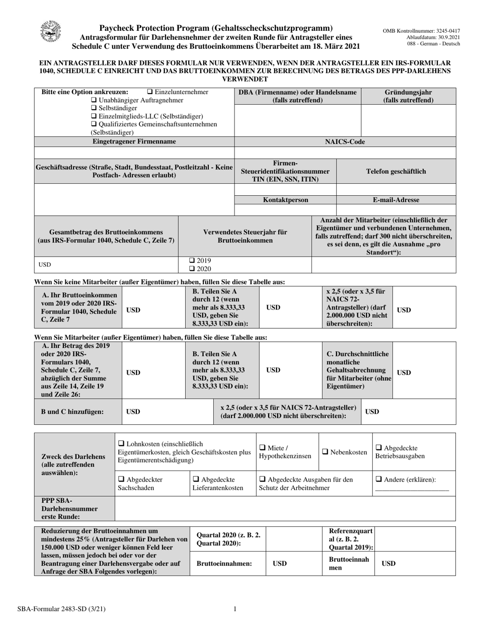 SBA Form 2483-SD-C Second Draw Borrower Application Form for Schedule C Filers Using Gross Income (German), Page 1