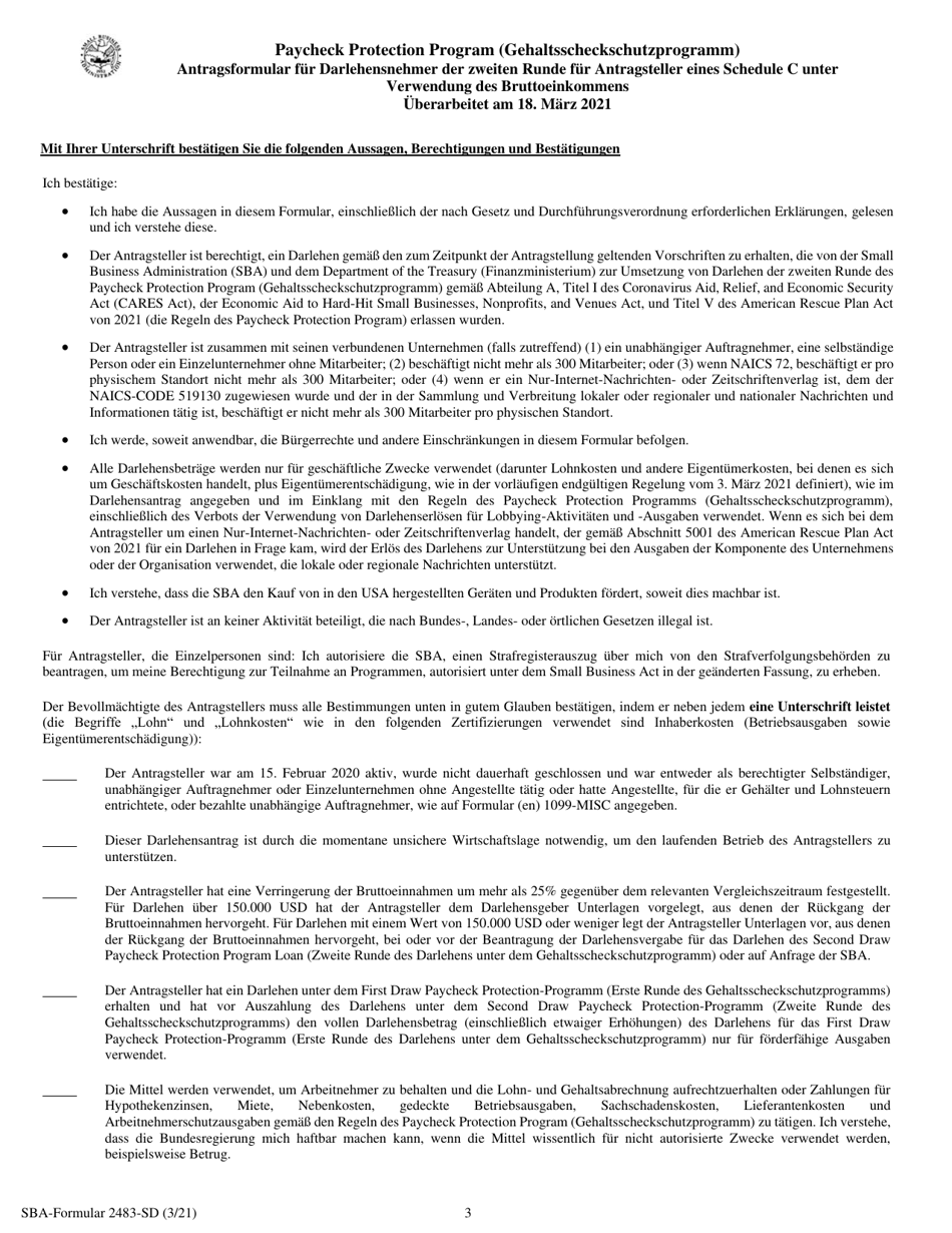 SBA Form 2483-SD-C Second Draw Borrower Application Form for Schedule C Filers Using Gross Income (German), Page 3
