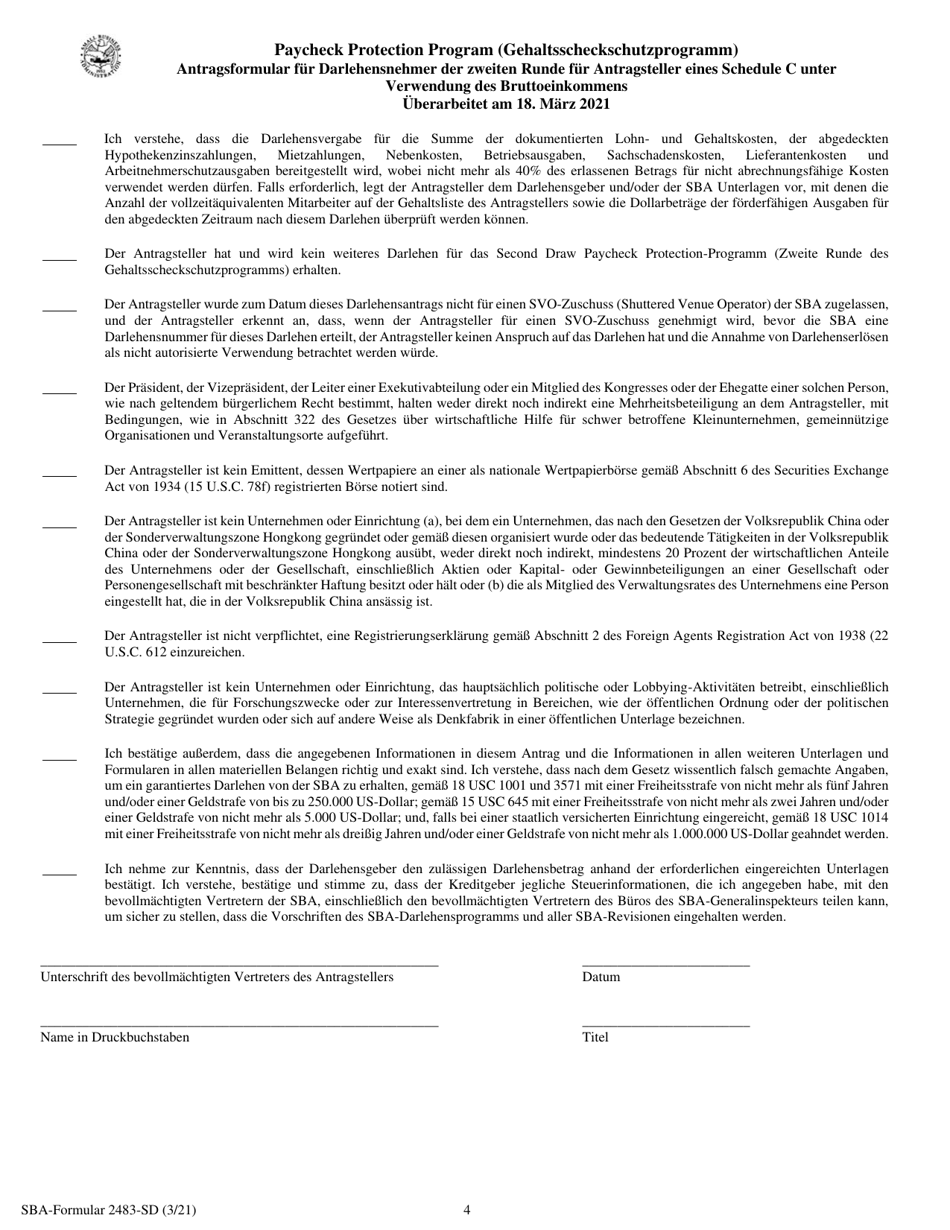 SBA Form 2483-SD-C Second Draw Borrower Application Form for Schedule C Filers Using Gross Income (German), Page 4