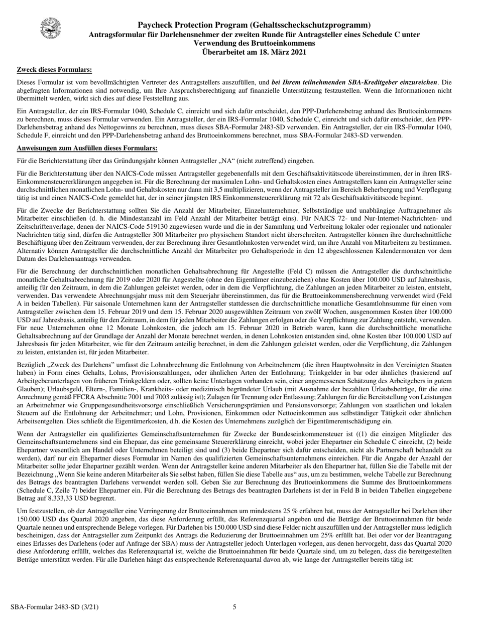 SBA Form 2483-SD-C Second Draw Borrower Application Form for Schedule C Filers Using Gross Income (German), Page 5