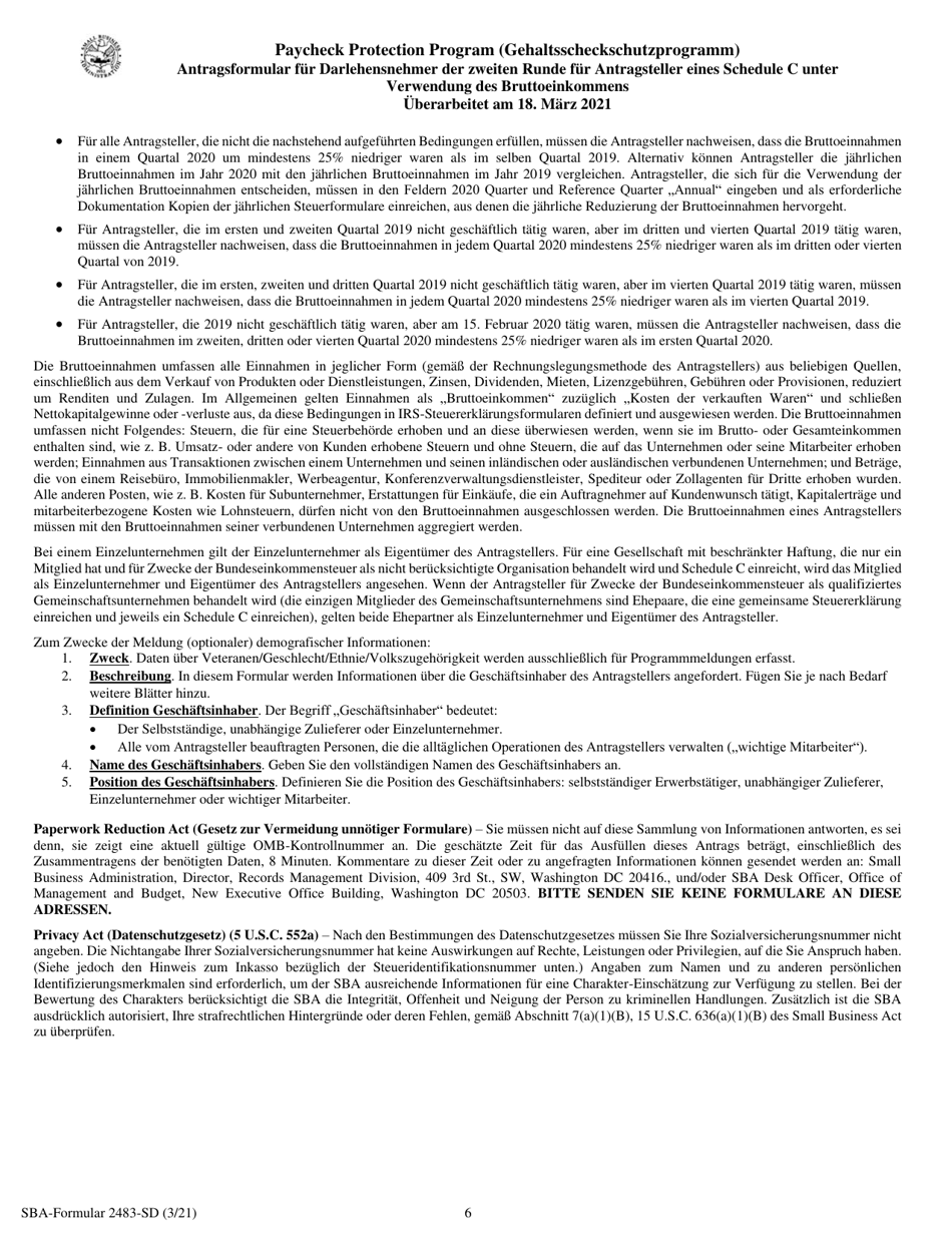 SBA Form 2483-SD-C Second Draw Borrower Application Form for Schedule C Filers Using Gross Income (German), Page 6