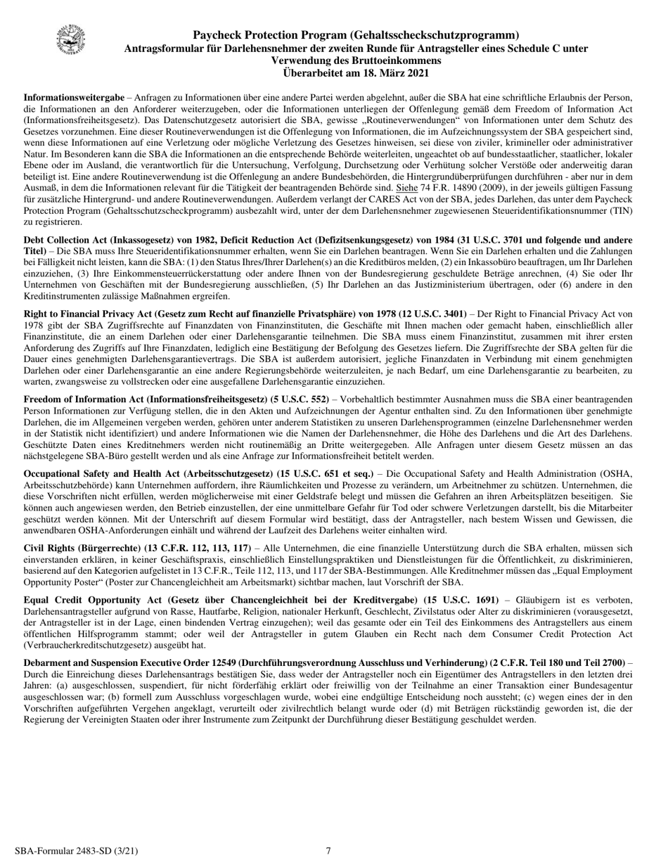 SBA Form 2483-SD-C Second Draw Borrower Application Form for Schedule C Filers Using Gross Income (German), Page 7