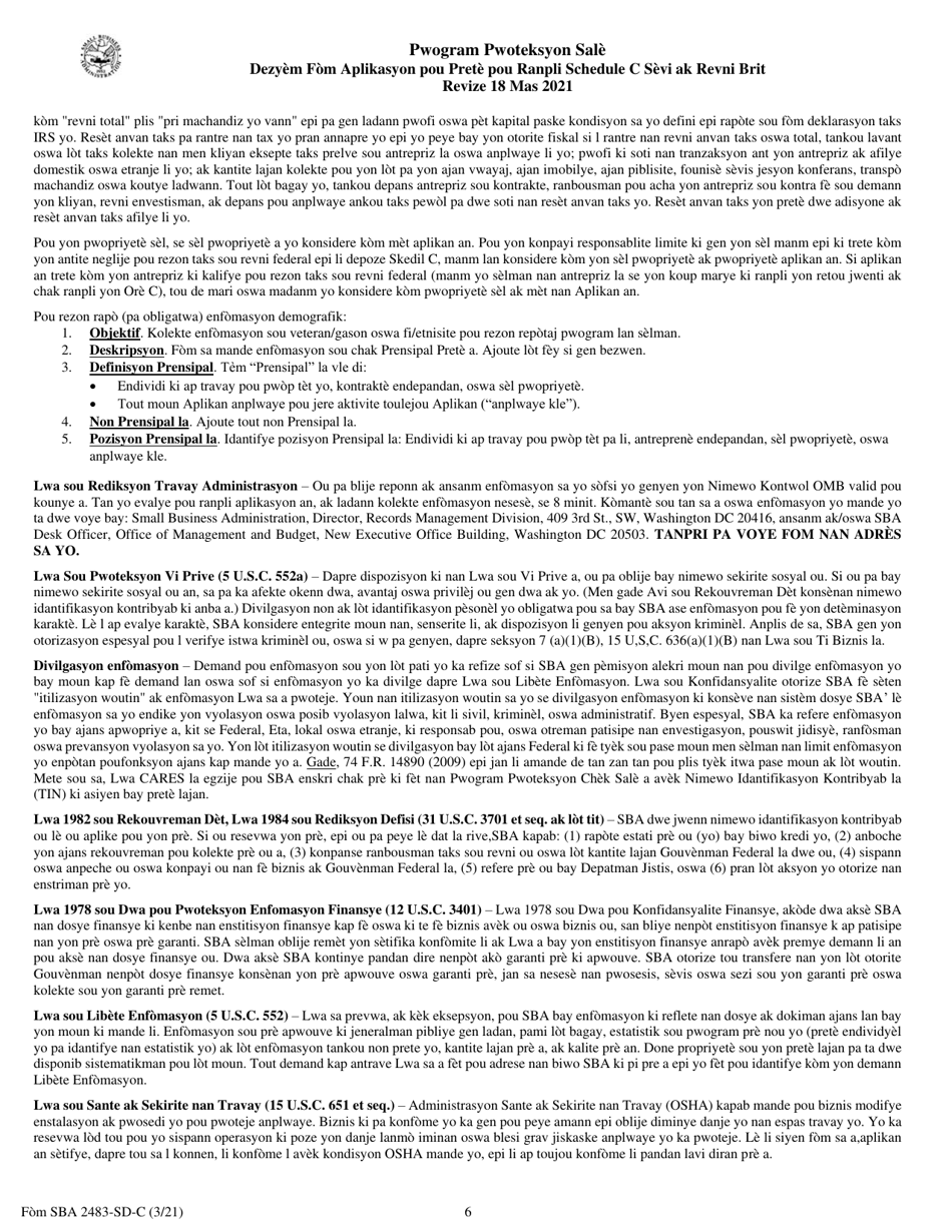 SBA Form 2483-SD-C Second Draw Borrower Application Form for Schedule C Filers Using Gross Income (Haitian Creole), Page 6