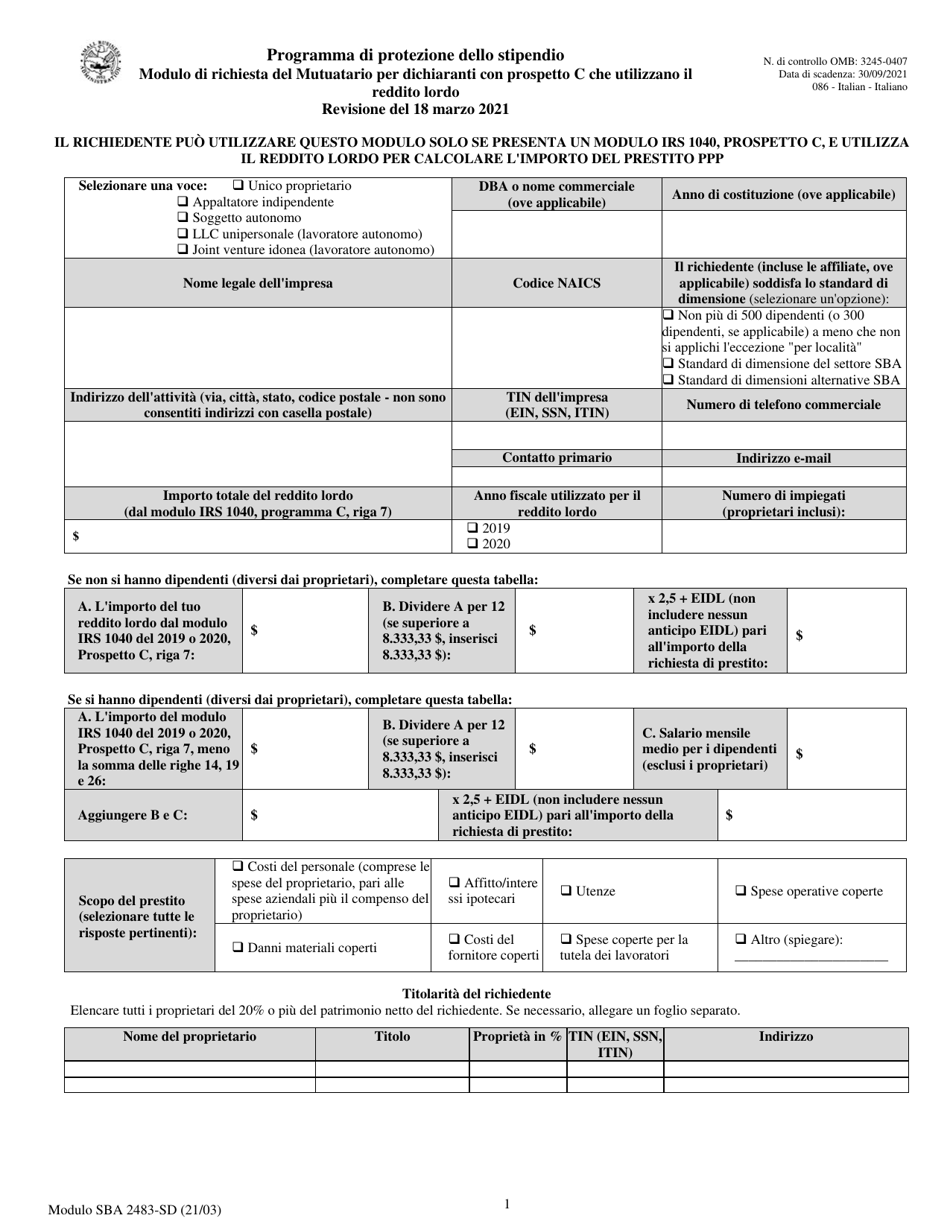 SBA Form 2483-C First Draw Borrower Application Form for Schedule C Filers Using Gross Income (Italian), Page 1