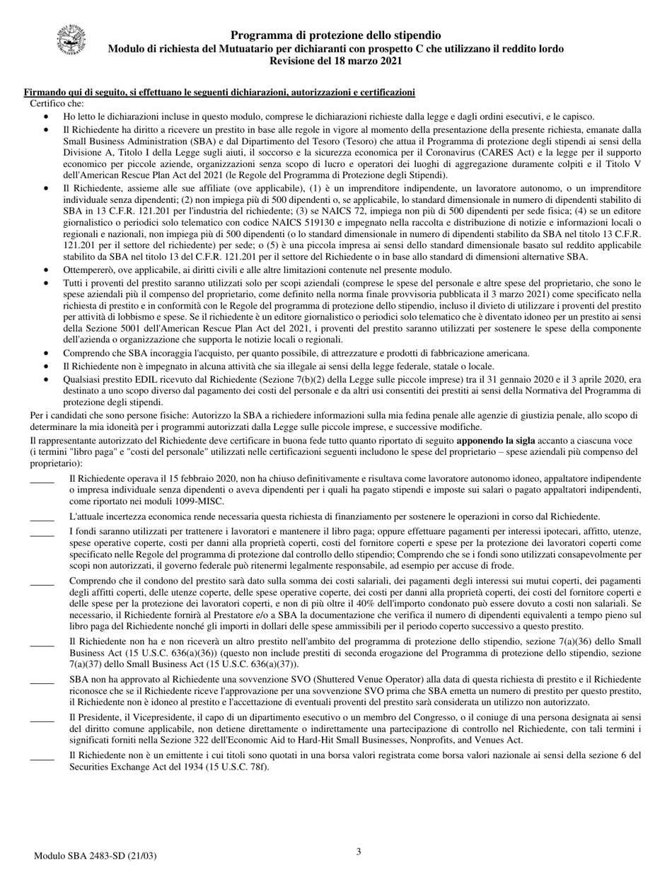 SBA Form 2483-C First Draw Borrower Application Form for Schedule C Filers Using Gross Income (Italian), Page 3