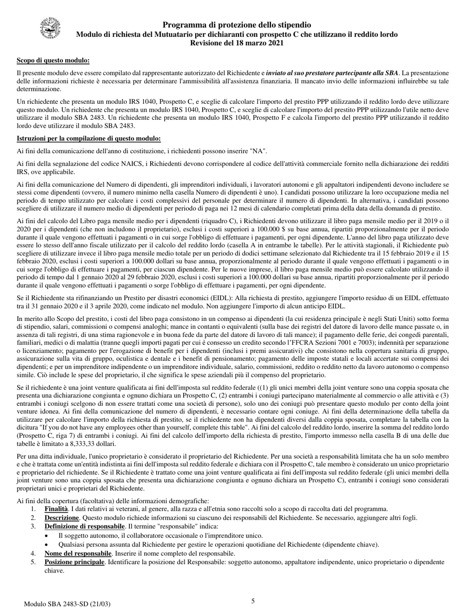 SBA Form 2483-C First Draw Borrower Application Form for Schedule C Filers Using Gross Income (Italian), Page 5