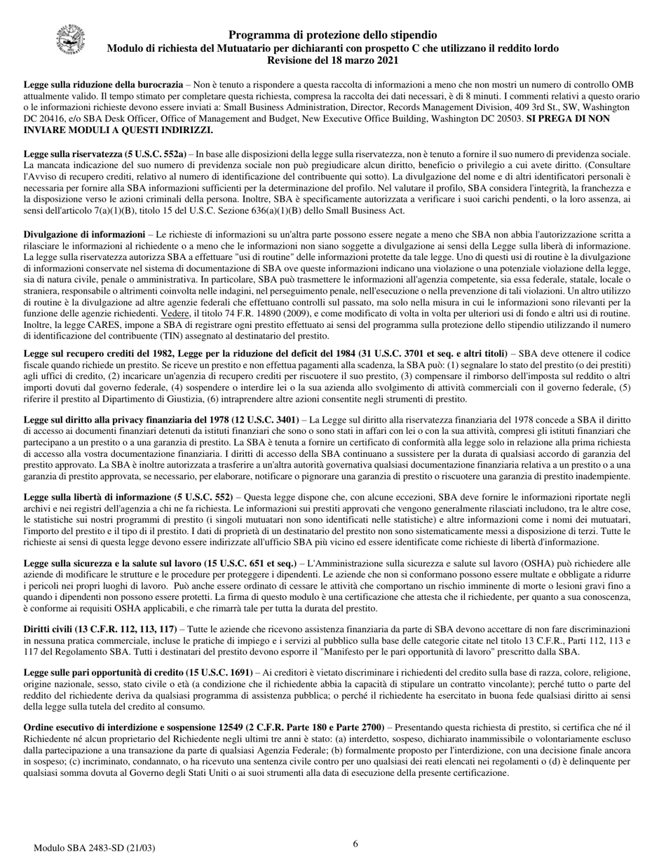 SBA Form 2483-C First Draw Borrower Application Form for Schedule C Filers Using Gross Income (Italian), Page 6