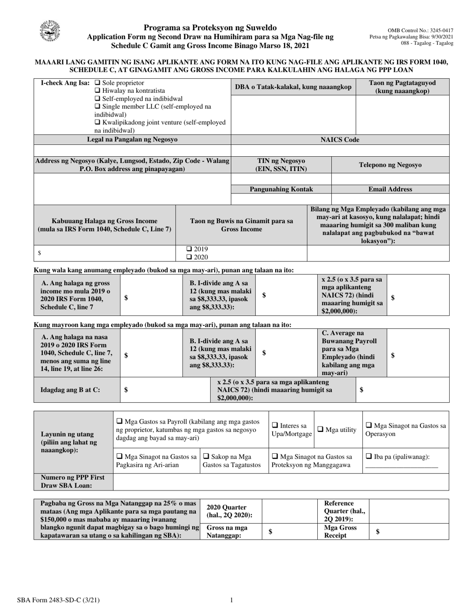 SBA Form 2483-SD-C Second Draw Borrower Application Form for Schedule C Filers Using Gross Income (Tagalog), Page 1