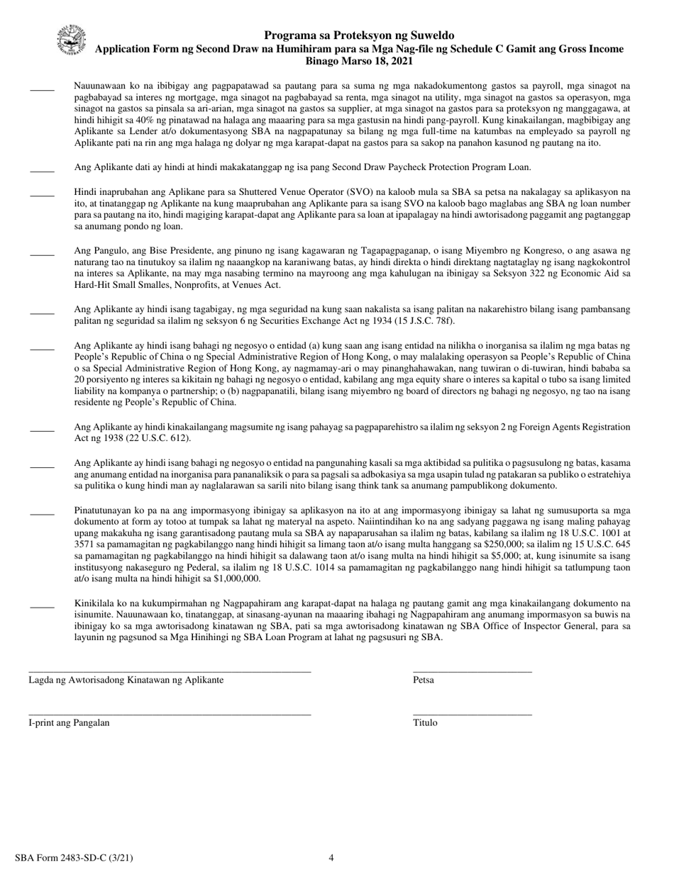SBA Form 2483-SD-C Second Draw Borrower Application Form for Schedule C Filers Using Gross Income (Tagalog), Page 4