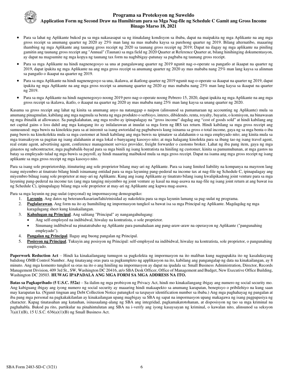 SBA Form 2483-SD-C Second Draw Borrower Application Form for Schedule C Filers Using Gross Income (Tagalog), Page 6