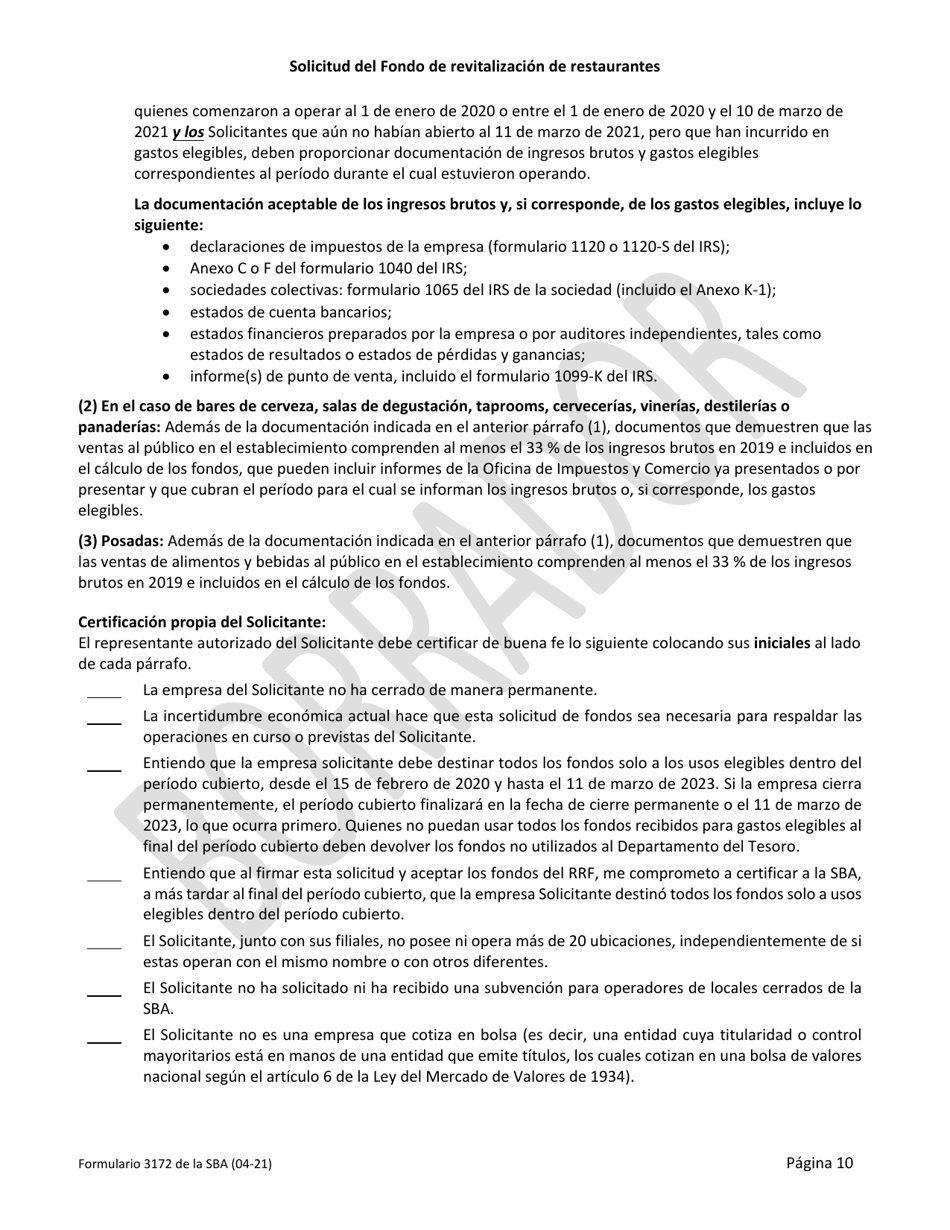 SBA Formulario 3172 Solicitud Del Fondo De Revitalizacion De Restaurantes (Spanish), Page 10
