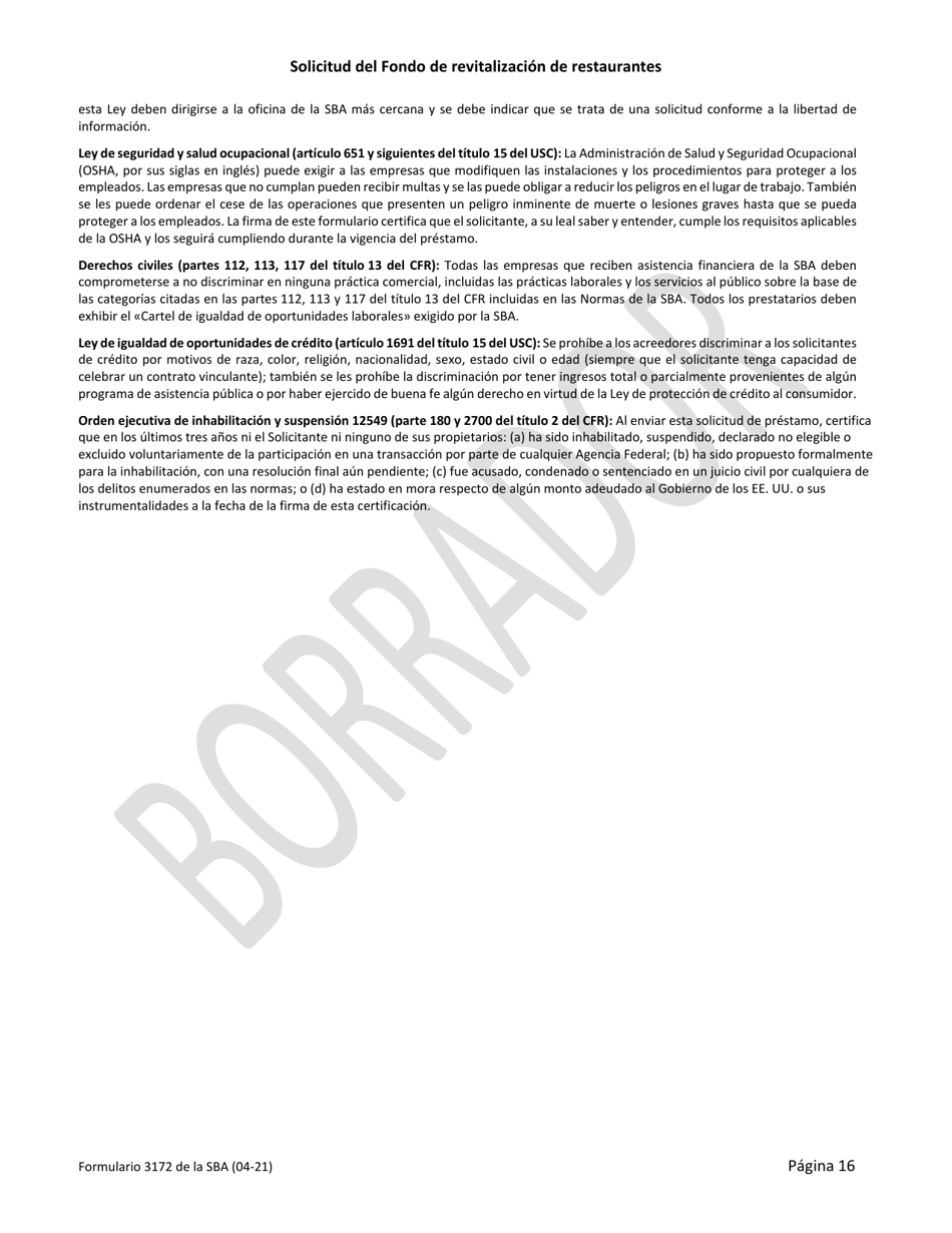 SBA Formulario 3172 Solicitud Del Fondo De Revitalizacion De Restaurantes (Spanish), Page 16