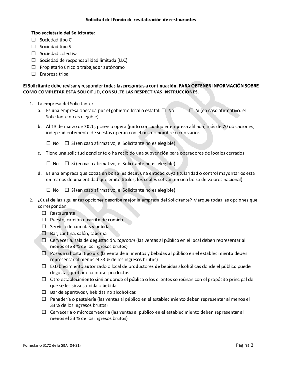SBA Formulario 3172 Solicitud Del Fondo De Revitalizacion De Restaurantes (Spanish), Page 3