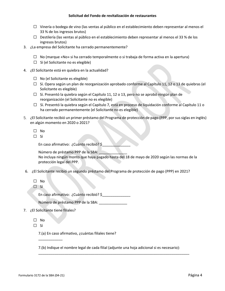 SBA Formulario 3172 Solicitud Del Fondo De Revitalizacion De Restaurantes (Spanish), Page 4