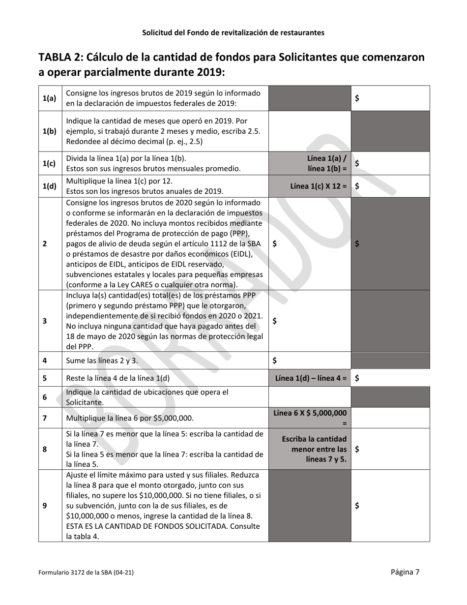 SBA Formulario 3172 Solicitud Del Fondo De Revitalizacion De Restaurantes (Spanish), Page 7