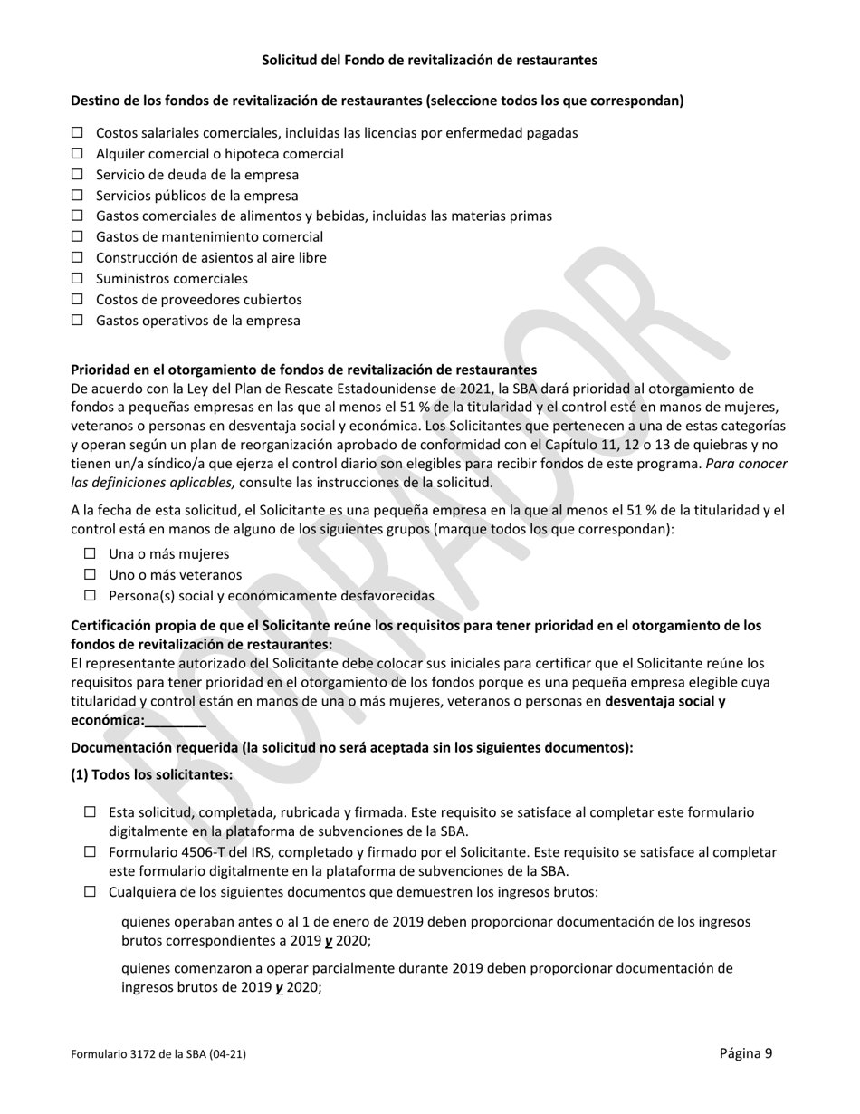 SBA Formulario 3172 Solicitud Del Fondo De Revitalizacion De Restaurantes (Spanish), Page 9