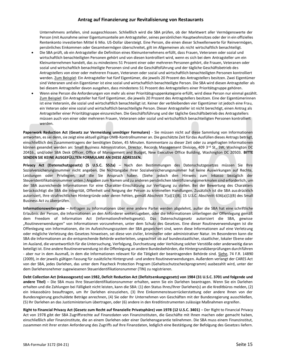 SBA Form 3172 Restaurant Revitalization Funding Application Sample (German), Page 15