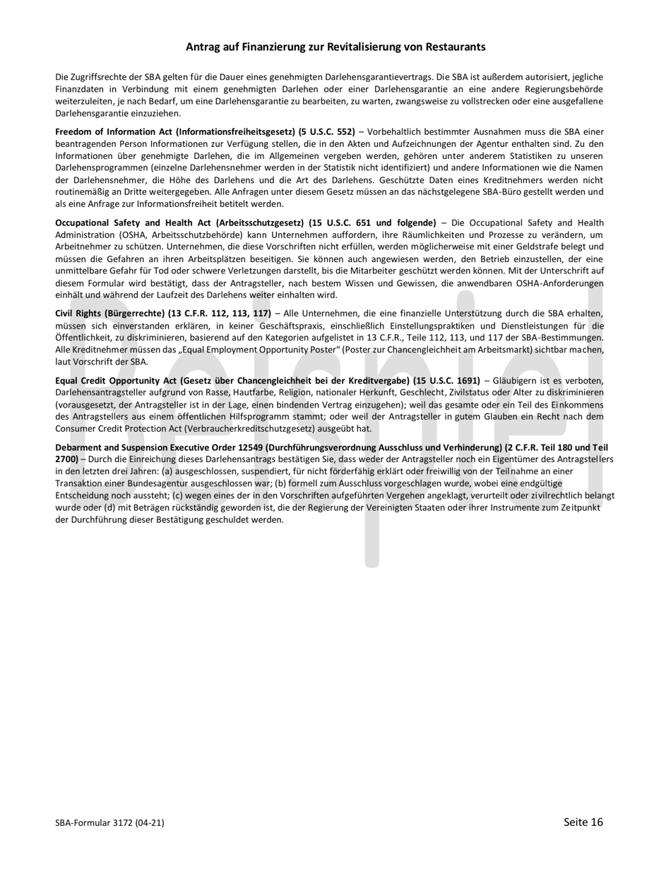 SBA Form 3172 Restaurant Revitalization Funding Application Sample (German), Page 16