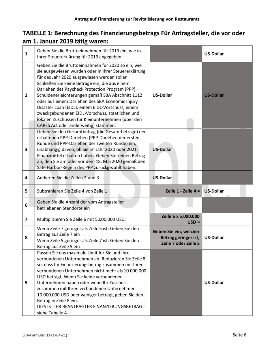 SBA Form 3172 Restaurant Revitalization Funding Application Sample (German), Page 6