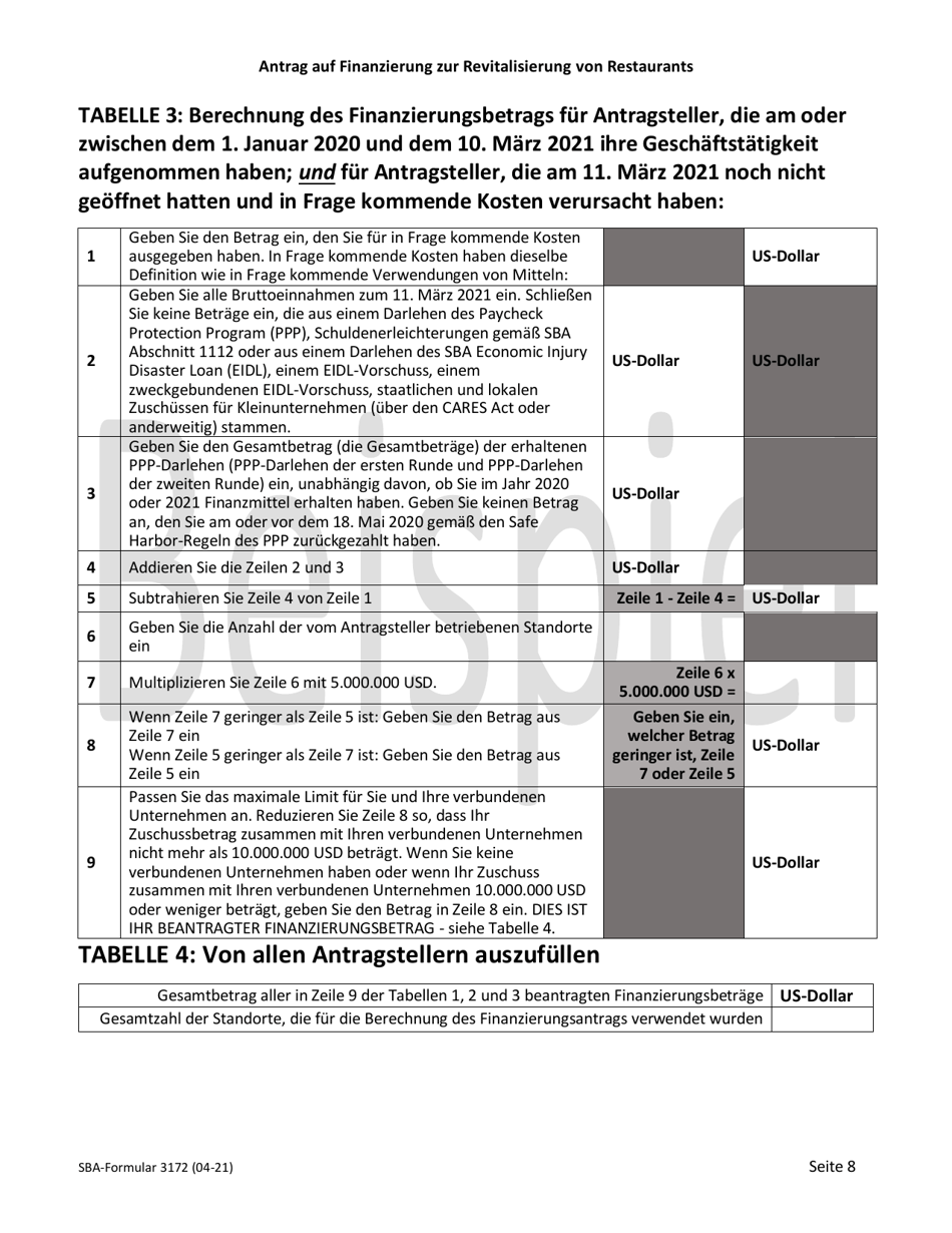 SBA Form 3172 Restaurant Revitalization Funding Application Sample (German), Page 8