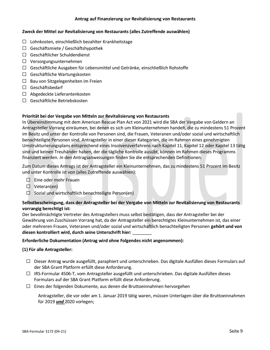 SBA Form 3172 Restaurant Revitalization Funding Application Sample (German), Page 9