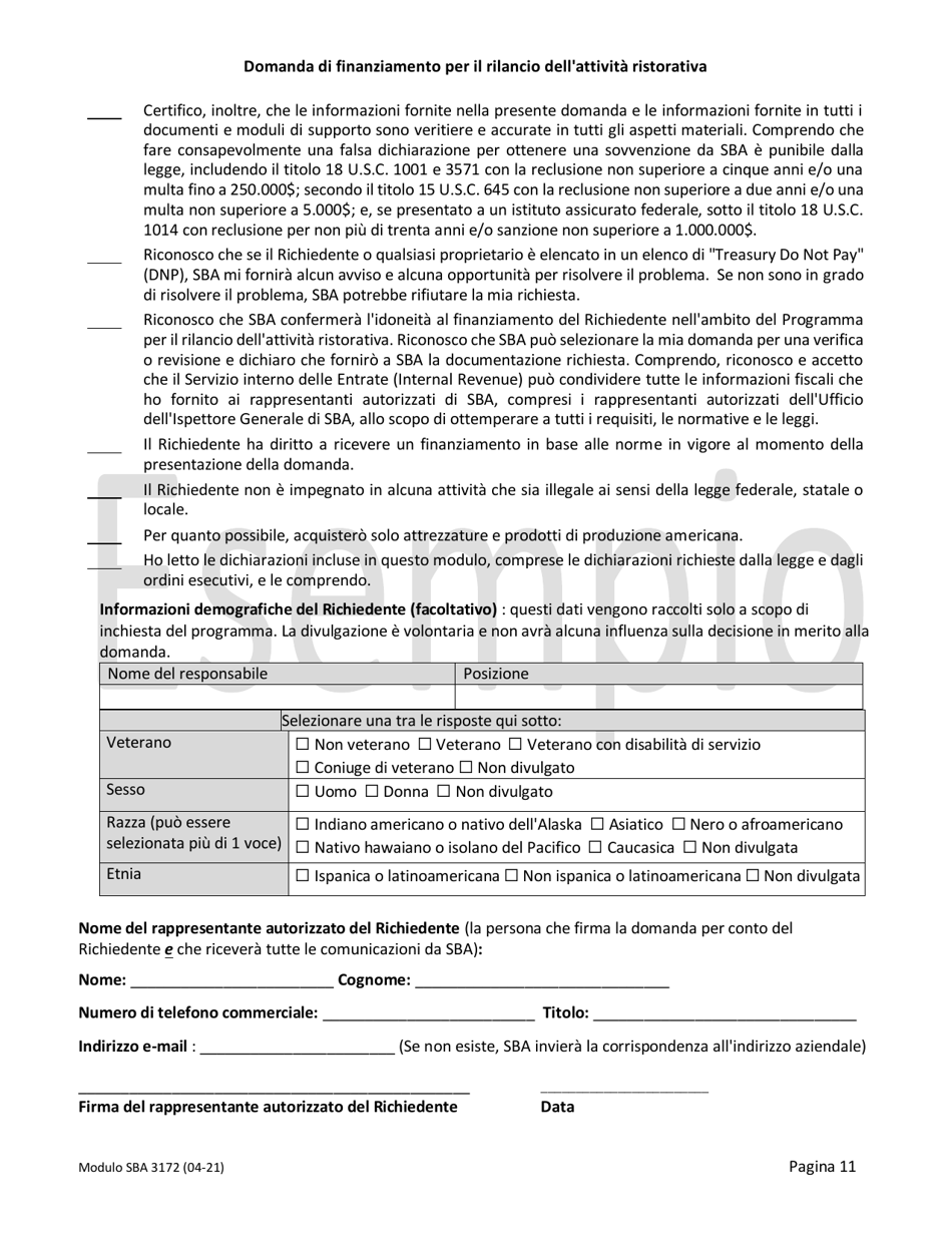 SBA Form 3172 Restaurant Revitalization Funding Application Sample (Italian), Page 11
