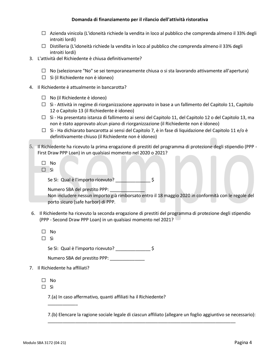 SBA Form 3172 Restaurant Revitalization Funding Application Sample (Italian), Page 4