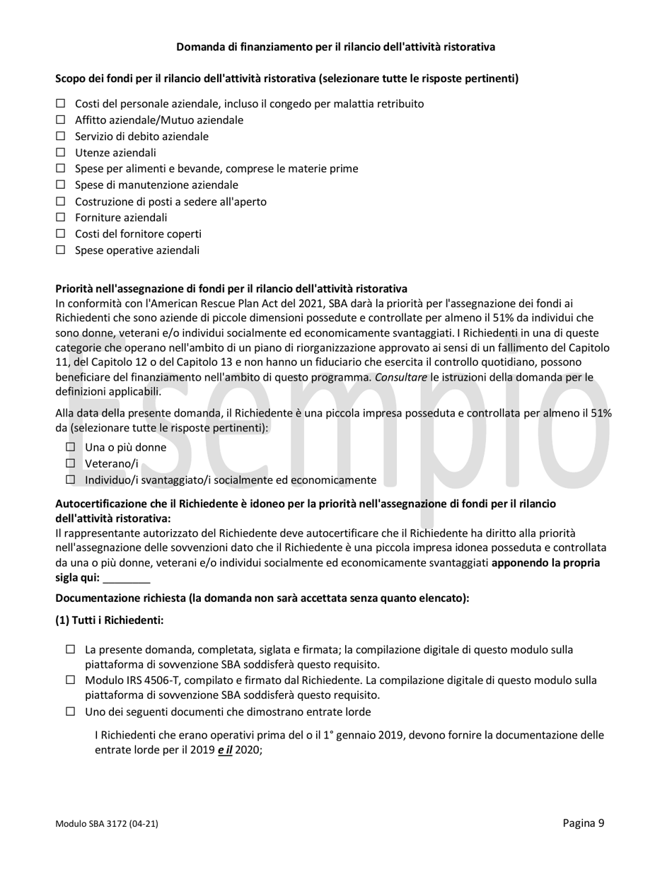 SBA Form 3172 Restaurant Revitalization Funding Application Sample (Italian), Page 9