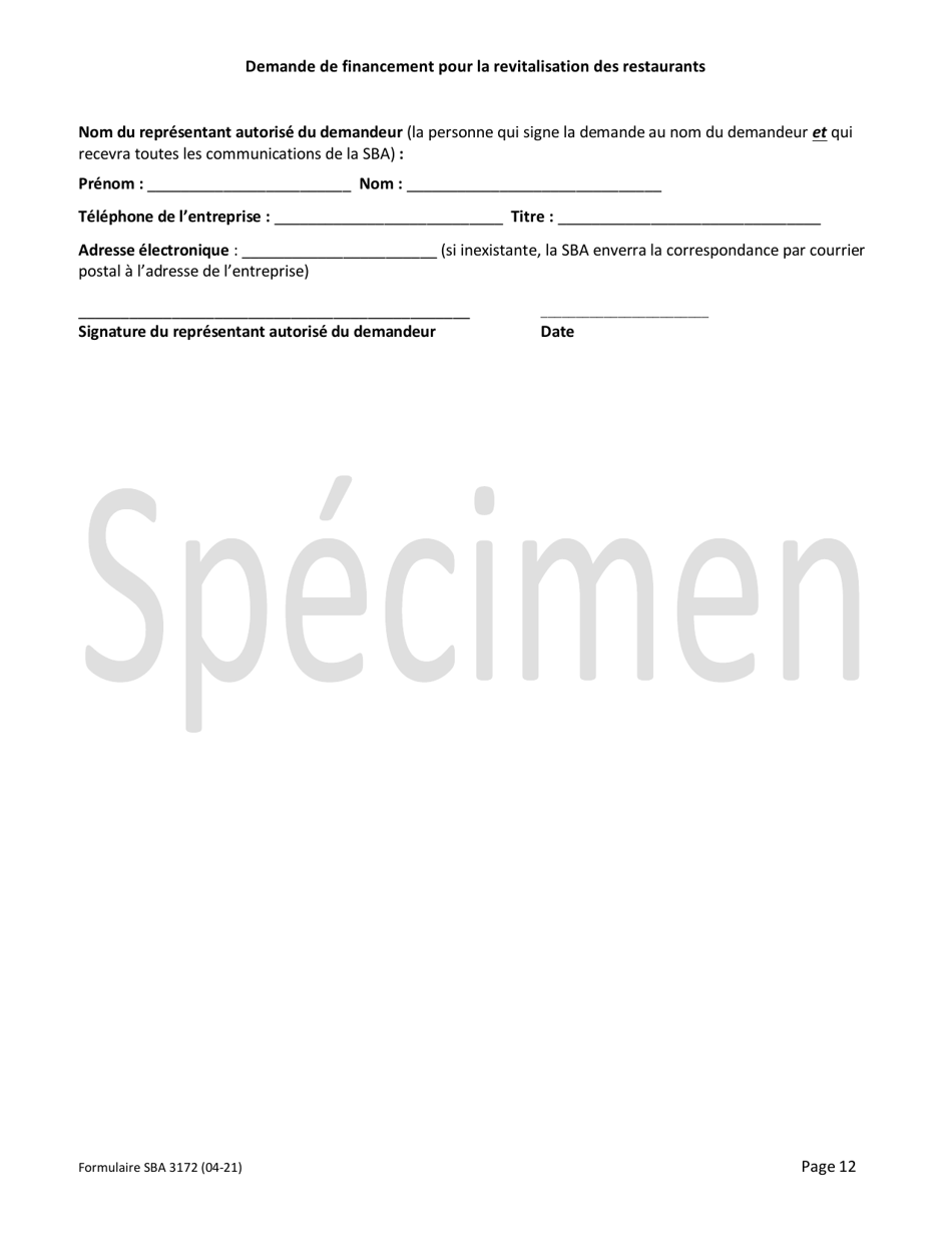 SBA Form 3172 Restaurant Revitalization Funding Application Sample (French), Page 12