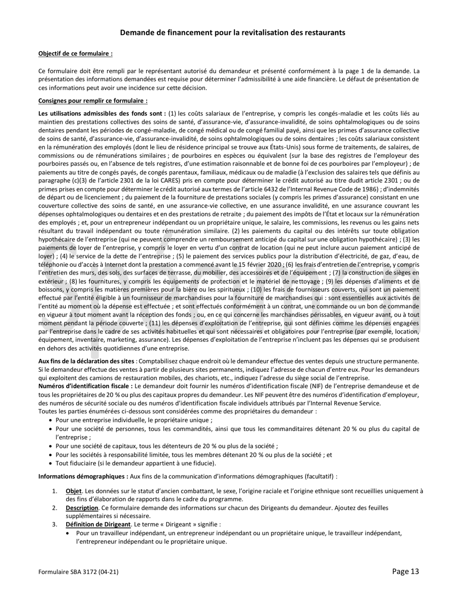 SBA Form 3172 Restaurant Revitalization Funding Application Sample (French), Page 13