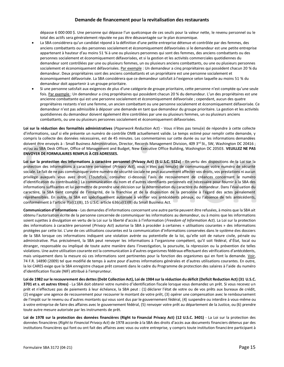 SBA Form 3172 Restaurant Revitalization Funding Application Sample (French), Page 15