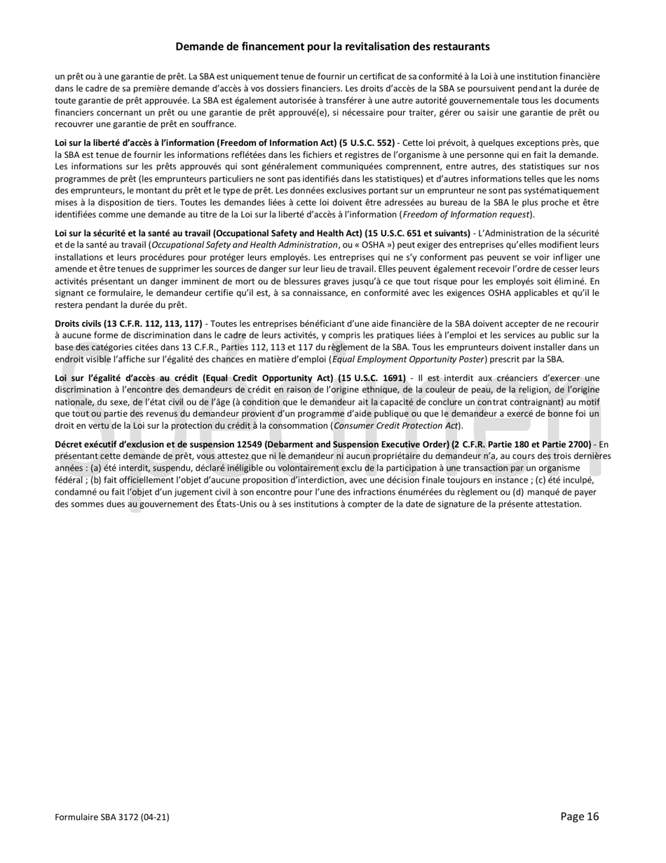 SBA Form 3172 Restaurant Revitalization Funding Application Sample (French), Page 16