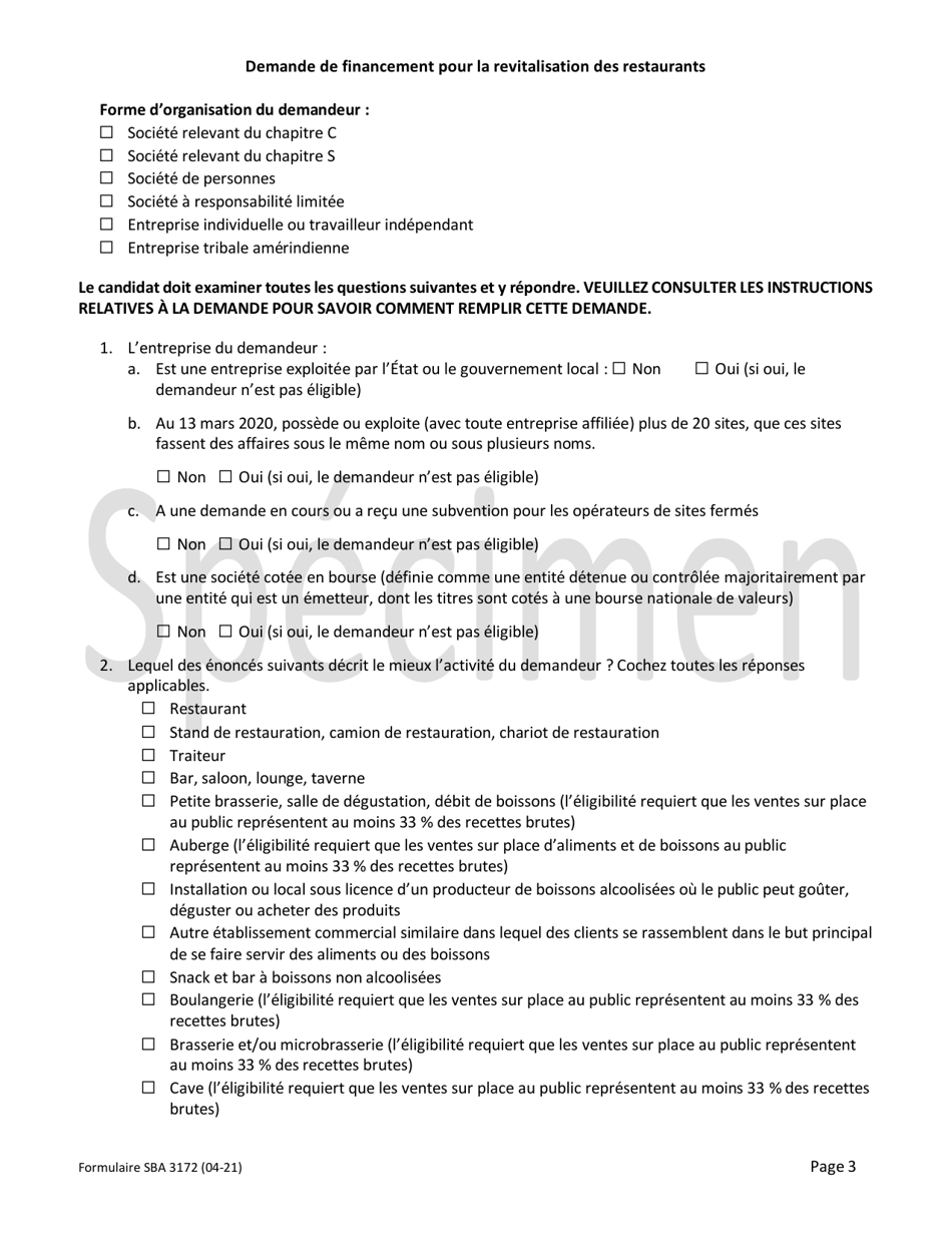 SBA Form 3172 Restaurant Revitalization Funding Application Sample (French), Page 3