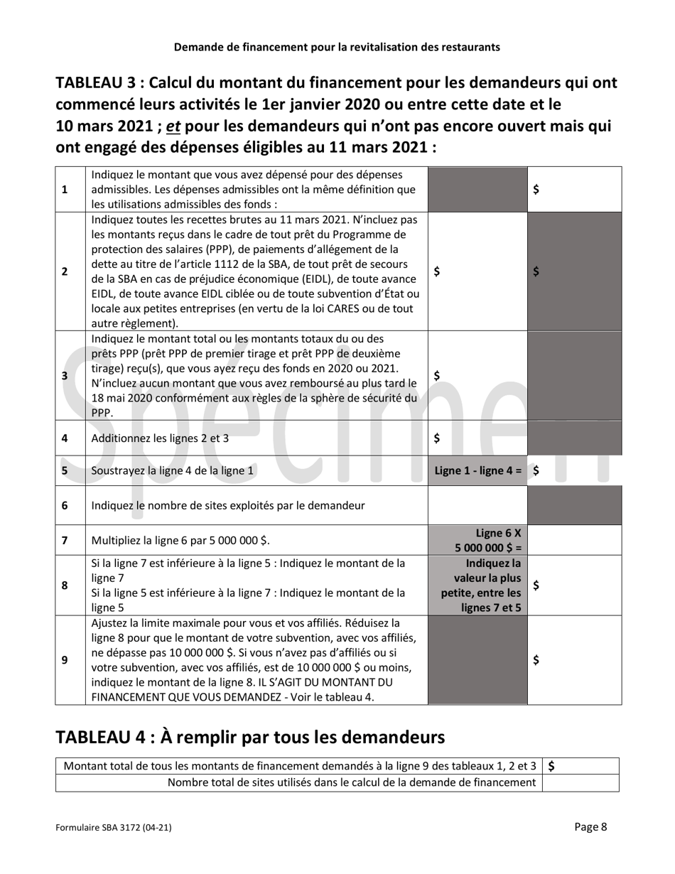 SBA Form 3172 Restaurant Revitalization Funding Application Sample (French), Page 8