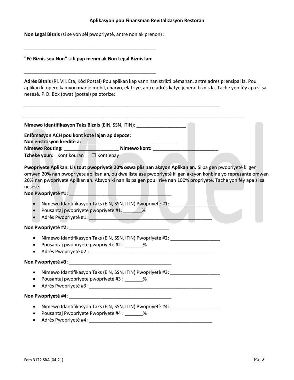 SBA Form 3172 Restaurant Revitalization Funding Application Sample (Haitian Creole), Page 2