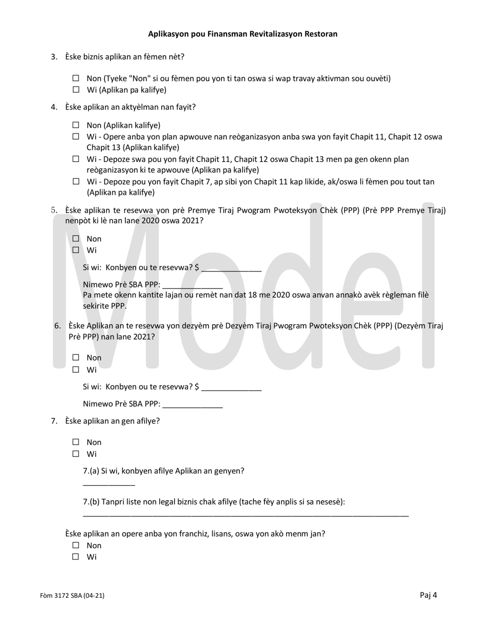 SBA Form 3172 Restaurant Revitalization Funding Application Sample (Haitian Creole), Page 4