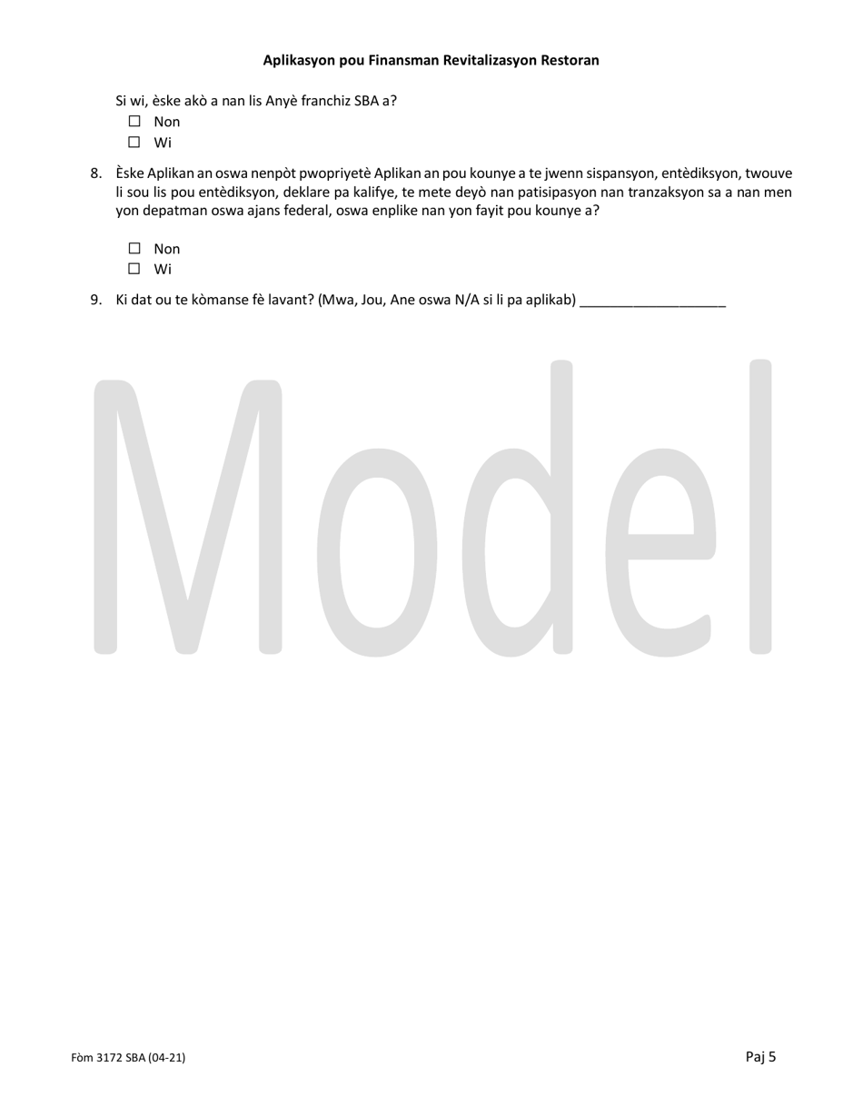 SBA Form 3172 Restaurant Revitalization Funding Application Sample (Haitian Creole), Page 5