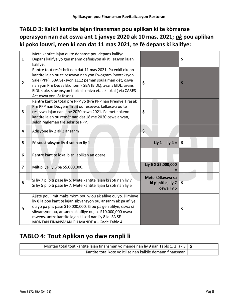 SBA Form 3172 Restaurant Revitalization Funding Application Sample (Haitian Creole), Page 8