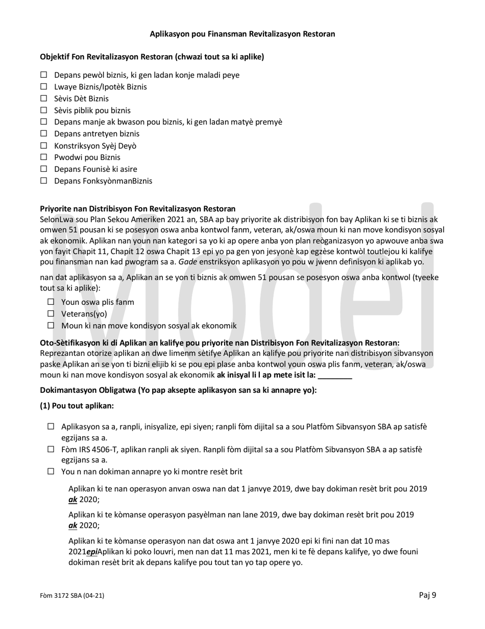 SBA Form 3172 Restaurant Revitalization Funding Application Sample (Haitian Creole), Page 9